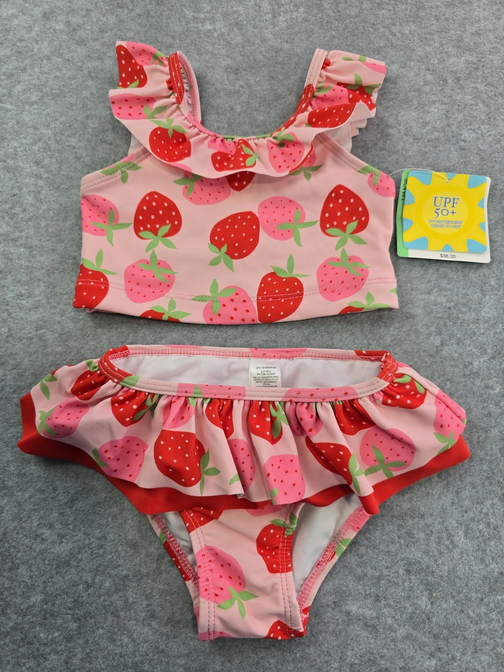 NWT Little Me Strawberry Print Ruffle Two-Piece Girls Swimsuit - Pink & Red 18M
